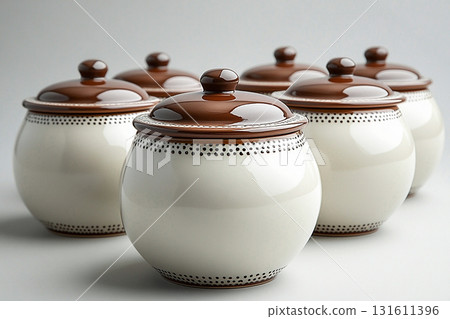 Kitchen porcelain. Ceramic containers with lid for storing groceries in a rustic style on a white background. Concept of aesthetic organization of kitchen space. Kitchen porcelain. Ceramic containers with lid for storing groceries in a rustic style on a white background. Concept of aesthetic organization of kitchen space. 131611396
