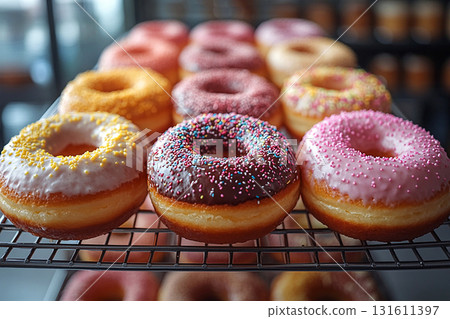 Soft lighting. Variety of bright donuts on a display stand. Glazed donuts. Sweet topping food. 131611397