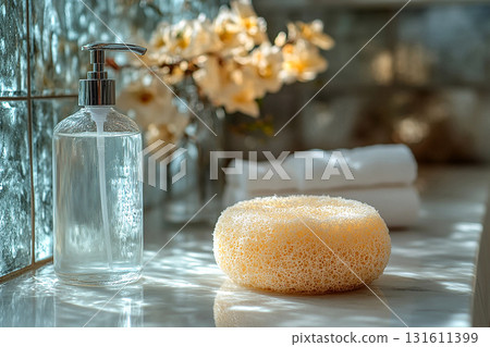 Luxury styling. Natural loofah sponges with cleaning agent on light ceramic tiles background. Mockup for bathroom cleaning products. Eco friendly trends. Aesthetic space. 131611399