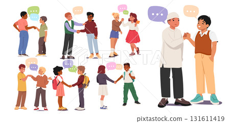 Happy children shaking hands communicating welcoming each other isolated set on white background 131611419
