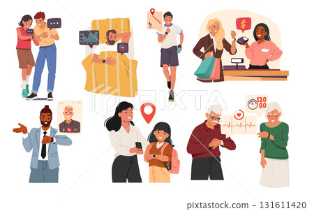 People using smart watch on wearable devices in daily life routine isolated cartoon scenes set 131611420