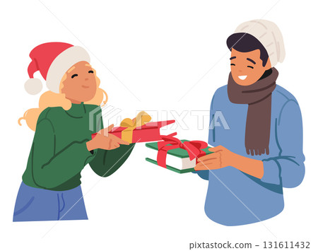 Happy girlfriend and boyfriend sharing wrapped books as traditional gifts on Christmas holidays 131611432