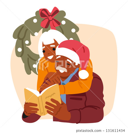 Senior loving couple enjoying reading book together celebrating Christmas eve cartoon portrait Senior loving couple enjoying reading book together celebrating Christmas eve cartoon portrait 131611434