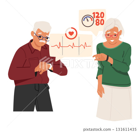 Elderly woman and senior man using smart watch device to control health indicators cartoon scene Elderly woman and senior man using smart watch device to control health indicators cartoon scene 131611435