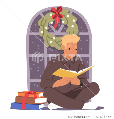 Teenage boy student character enjoying reading during Christmas Eve celebration vector illustration Teenage boy student character enjoying reading during Christmas Eve celebration vector illustration 131611436
