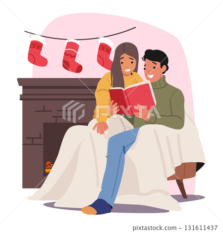 Happy loving young couple enjoying reading book during Christmas Eve celebration cartoon scene 131611437