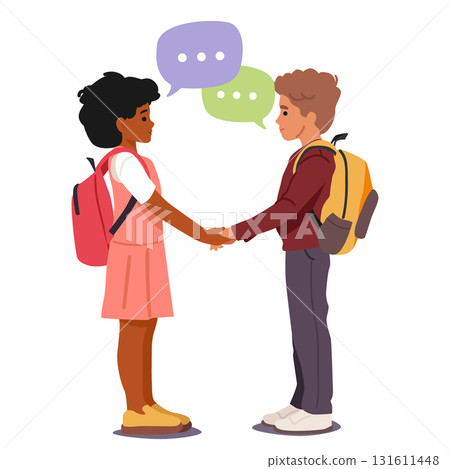 Schoolboy and schoolgirl shaking hands welcoming during meeting at school vector illustration 131611448