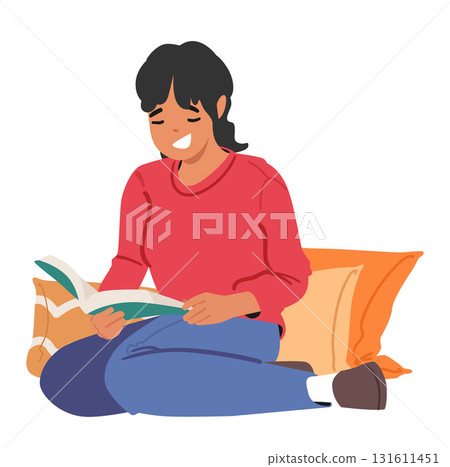 Young woman cartoon character reading book enjoying studying or hobby activity isolated on white 131611451