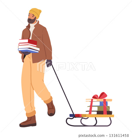 Young man shopper cartoon character carrying books stack in hands and on sled isolated on white 131611458
