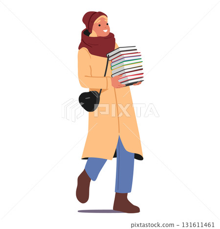 Pretty woman cartoon character wearing winter clothes carrying books stack enjoying Christmas fair Pretty woman cartoon character wearing winter clothes carrying books stack enjoying Christmas fair 131611461