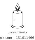 A burning candle icon in a minimalist line style with editable stroke. Romantic light, spiritual prayer, holiday decoration, memorial flame, spa relaxation, christmas celebration. 131611466