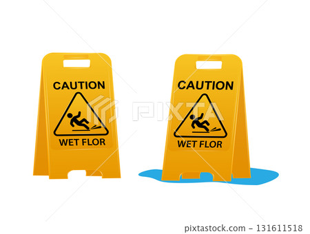 Wet floor caution sign. Public warning yellow symbol clipart. Slippery surface beware plastic board design element. Workplace safety. Vector Wet floor caution sign. Public warning yellow symbol clipart. Slippery surface beware plastic board design element. Workplace safety. Vector 131611518
