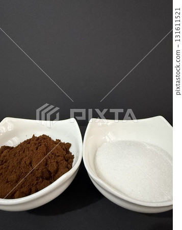Bowls of coffee and sugar on dark background. Bowls of coffee and sugar on dark background. 131611521