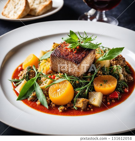 Seared Fish with Vegetables in Rustic Stew 131612058