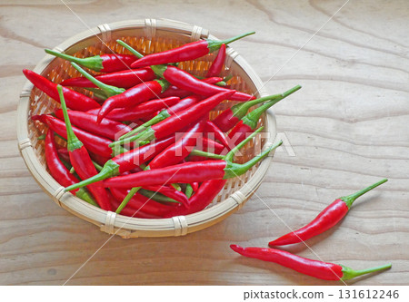 Photo of Thai chili peppers, Prik Khe Nu, harvested from a home garden 131612246