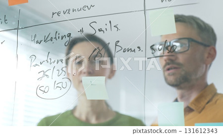 Business professionals reviewing marketing data, sales metrics, and partnership insights on transparent board, collaborating with sticky notes in modern workplace setting Business professionals reviewing marketing data, sales metrics, and partnership insights on transparent board, collaborating with sticky notes in modern workplace setting 131612343
