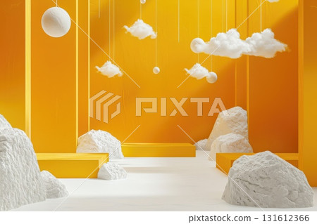 empty yellow room with white clouds hanging from the ceiling, place for your product or advertisement, podium 131612366