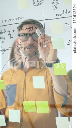 Business people colleagues brainstorming, writing strategy notes on glass board, collaborating with colorful sticky notes in creative workplace meeting in bright office Business people colleagues brainstorming, writing strategy notes on glass board, collaborating with colorful sticky notes in creative workplace meeting in bright office 131612394
