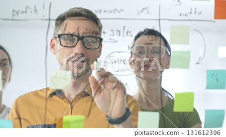 Business colleagues planning strategy, writing notes on glass wall, collaborating with enthusiasm in bright contemporary workspace 131612396
