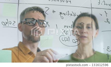 Business people are brainstorming and writing ideas on a glass wall with a marker, discussing revenue, marketing, partners, sales and bonus during a productive office meeting 131612596