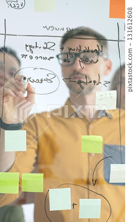 Business colleagues planning strategy, writing notes on glass wall, collaborating with enthusiasm in bright contemporary workspace Business colleagues planning strategy, writing notes on glass wall, collaborating with enthusiasm in bright contemporary workspace 131612608
