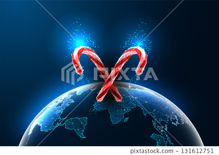 Red polygonal candy canes crossed over glowing Earth globe, modern digital Christmas concept Red polygonal candy canes crossed over glowing Earth globe, modern digital Christmas concept 131612751