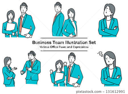 Stock Illustration: Facial expressions and poses of a business team working in an office 131612991