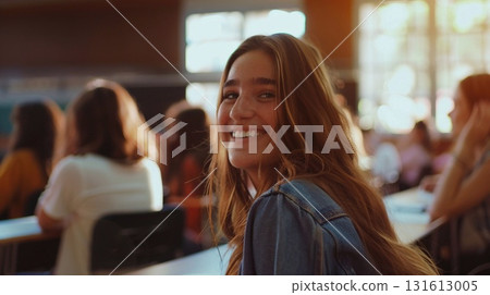 Smiling College Student Girl Enjoying Her Time in the Auditorium 131613005