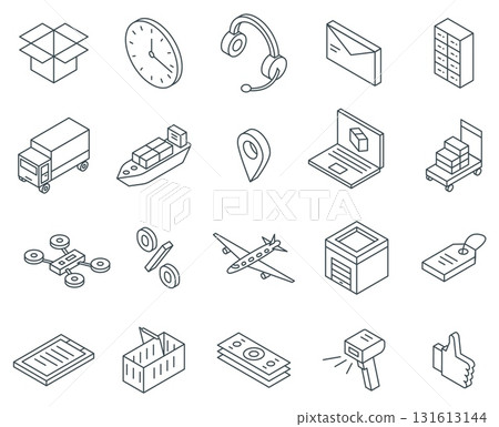Isometric delivery icons. Delivery of goods, parcels, and purchases. Transport logistics, online trading, marketing. Outline nifty vector elements 131613144