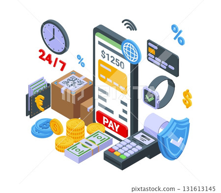 Isometric online payment concept. Pay bills with smartphone and app, safety mobile payments. Digital shopping and delivery, e-commerce, nifty vector scene 131613145