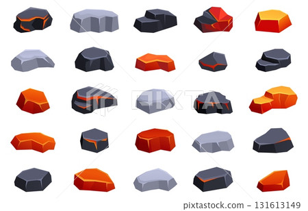 Burning coal stones. Charcoal smoldering, burnt hot and warm stone or briquette. Cartoon barbecue, campfire, grill burn elements, sapid vector clipart 131613149