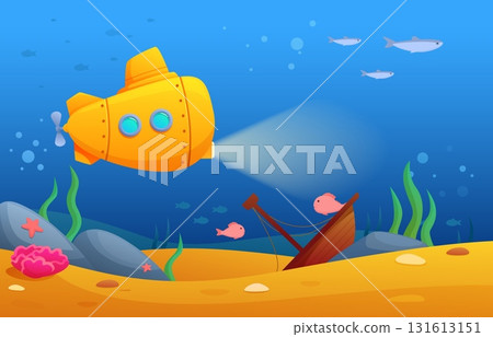 Submarine concept. Underwater boat with light, ocean animals and nature, plants seaweeds. Sand bottom with stones, cartoon bright sapid vector scene Submarine concept. Underwater boat with light, ocean animals and nature, plants seaweeds. Sand bottom with stones, cartoon bright sapid vector scene 131613151