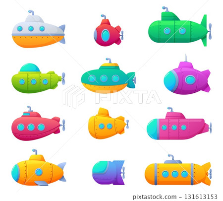 Isolated submarines. Cartoon bathyscaphes, children submarine elements. Underwater bright boats and vessels with windows for explorations, sapid vector clipart Isolated submarines. Cartoon bathyscaphes, children submarine elements. Underwater bright boats and vessels with windows for explorations, sapid vector clipart 131613153