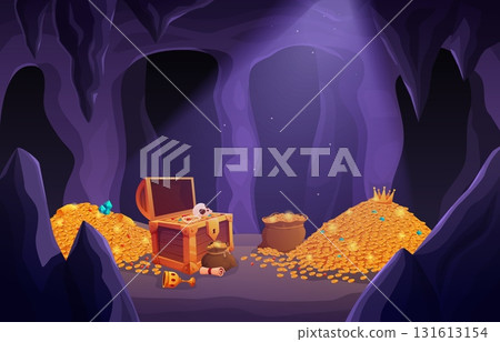Treasure cave. Dark cave in mountain or rock with wooden chest with gold coins, golden cup, gems, crown. Cartoon pirate or king treasures, sapid vector illustration Treasure cave. Dark cave in mountain or rock with wooden chest with gold coins, golden cup, gems, crown. Cartoon pirate or king treasures, sapid vector illustration 131613154