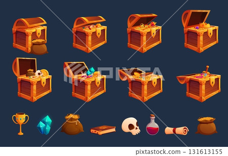 Cartoon open treasure wooden chests. Various jewels, piles of gold coins and crystals. Arcade game bonuses, pirate treasures, sapid vector clipart 131613155