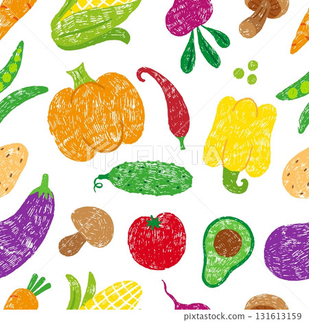 Hand drawn vegetables seamless pattern. Crayon beans cucumber bell pepper and mushroom. Tomato, corn, pumpkin and carrot, neoteric vector background Hand drawn vegetables seamless pattern. Crayon beans cucumber bell pepper and mushroom. Tomato, corn, pumpkin and carrot, neoteric vector background 131613159