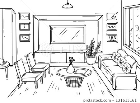 Doodle living room interior. Cozy waiting area in office, lobby, psychologist cabinet. Sofa or couch, chairs, table and tv screen, neoteric vector location Doodle living room interior. Cozy waiting area in office, lobby, psychologist cabinet. Sofa or couch, chairs, table and tv screen, neoteric vector location 131613161