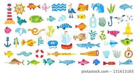 Sea elements crayon style. Ocean travel accessories, fish, seaweeds, shell, anchor, ship, seagulls. Children drawing style colored pencil, neoteric vector clipart 131613165