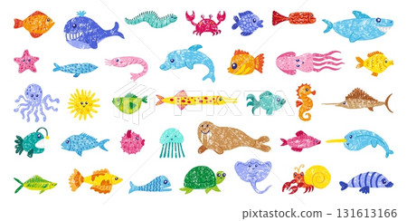 Crayon drawing sea animals. Children style drawn fish seal turtle. Bright exotic fish, underwater characters, octopus seahorse, neoteric vector set 131613166