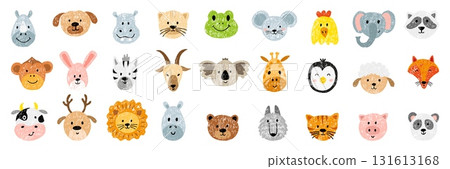 Hand drawn crayon faces. Funny animals children drawing style. Isolated panda raccoon deer wolf bear frog cat koala. Kids animal neoteric vector clipart 131613168