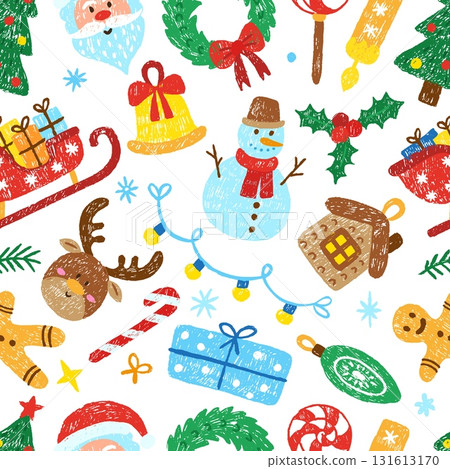 Hand drawn crayon christmas seamless pattern. Deer, santa claus, gift boxes in sleigh, xmas tree wreath, bell. Children style drawing neoteric vector background 131613170