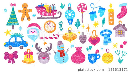 Children drawing christmas clipart. Hand drawn santa face, car with xmas tree, sweets, stars, snowman. Isolated crayon new year neoteric vector set 131613171