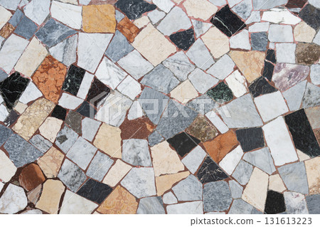 Small antique cracked brown beige white grey black mosaic tiles pattern background 131613223