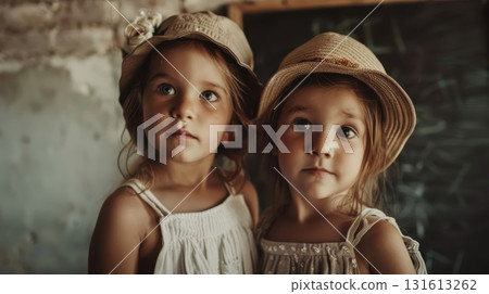 Two kids enthusiastically put up Halloween banners and paper ghosts, creating a fun and festive atmosphere for their classmates. 131613262