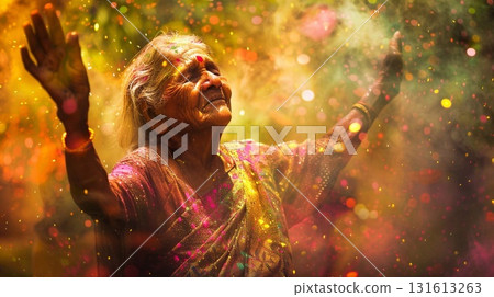 Elderly Indian women dance with radiant smiles, their faces adorned with bright Holi paints and colors. Elderly Indian women dance with radiant smiles, their faces adorned with bright Holi paints and colors. 131613263