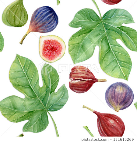 Figs and fig leaves watercolor seamless pattern. Hand-painted botanical illustration isolated on white. Perfect for food packaging, kitchen prints, cards, invitations, organic branding, natural design 131613269