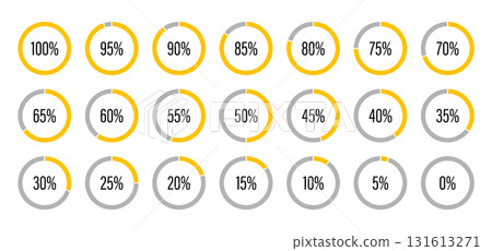 Progress bars. Template of yellow and gray color fill pie charts indicator. Circle diagrams icons for infographics from 0 to 100 percent. Round graph loading progress set. Round percentage 131613271
