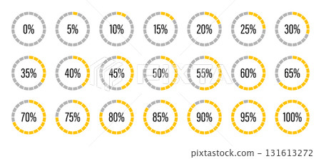 Template of yellow and gray color fill pie charts indicator. Round graph loading progress set. Yellow progress bars. Circle diagrams icons for infographics from 100 to 0 percent. Round percentage 131613272