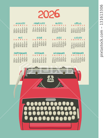 2026 calendar design with retro typewriter and typography on retro paper sheet. Vector wall calendar poster 131613306