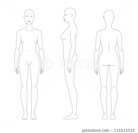 Vector illustration of a 7 head woman, displaying multiple angles including front, side, and back. Perfect for fashion Vector illustration of a 7 head woman, displaying multiple angles including front, side, and back. Perfect for fashion 131613533